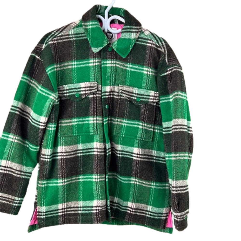 Urban Outfitters Green Plaid Shacket wiith Pink Lining